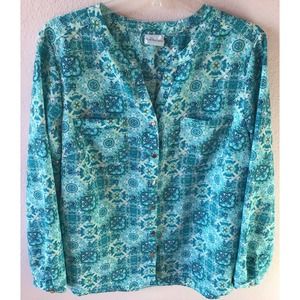 Kim Rogers blue yellow button down blouse size XL